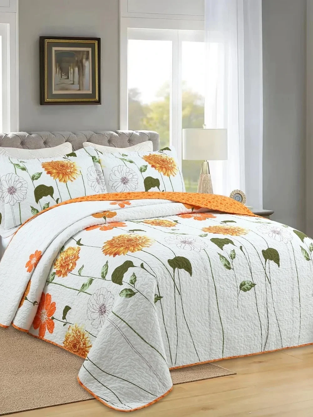3 PIECE COTTON BOTANICAL FLORAL QUILT SET – LIGHTWEIGHT REVERSIBLE BEDSPREAD